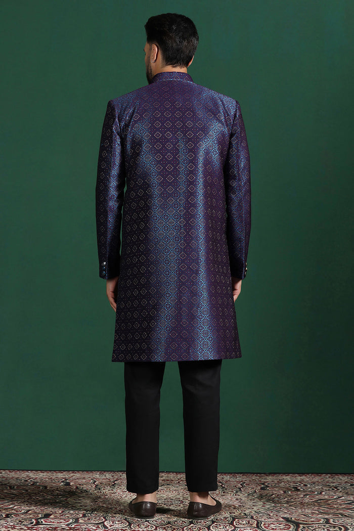 Dark Blue And Black Jacquard Texture Sherwani Set