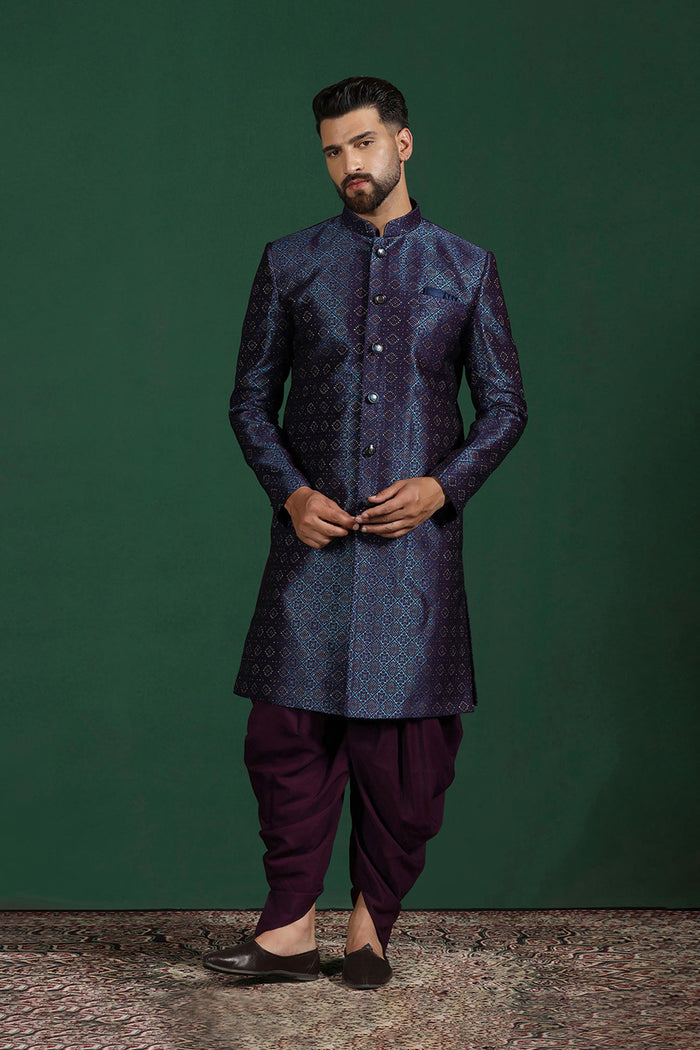 Dark Blue And Purple Jacquard Texture Sherwani Set