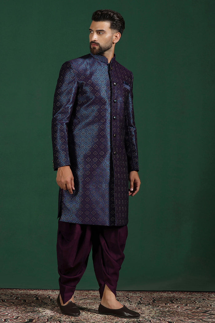 Dark Blue And Purple Jacquard Texture Sherwani Set