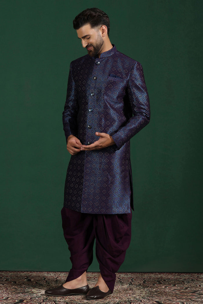 Dark Blue And Purple Jacquard Texture Sherwani Set