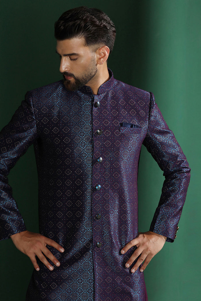 Dark Blue And Purple Jacquard Texture Sherwani Set