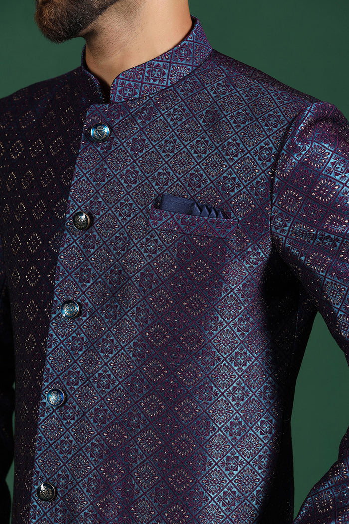 Dark Blue And Purple Jacquard Texture Sherwani Set