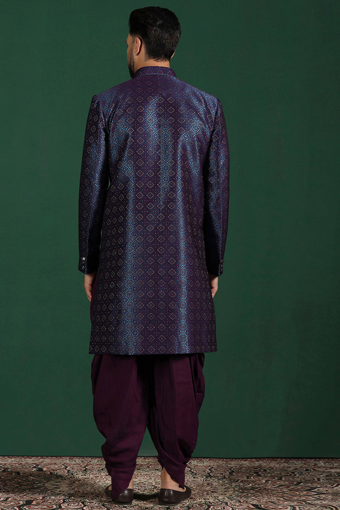 Dark Blue And Purple Jacquard Texture Sherwani Set