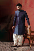 Dark Blue And White Jacquard Texture Sherwani Set