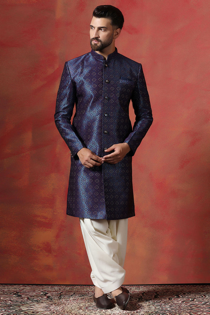 Dark Blue And White Jacquard Texture Sherwani Set