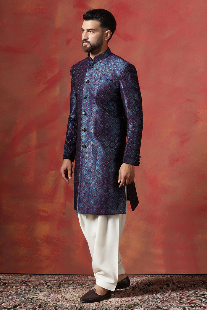 Dark Blue And White Jacquard Texture Sherwani Set