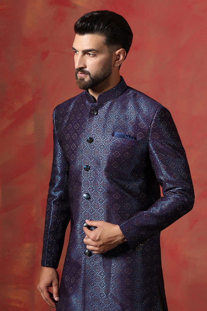 Dark Blue And White Jacquard Texture Sherwani Set