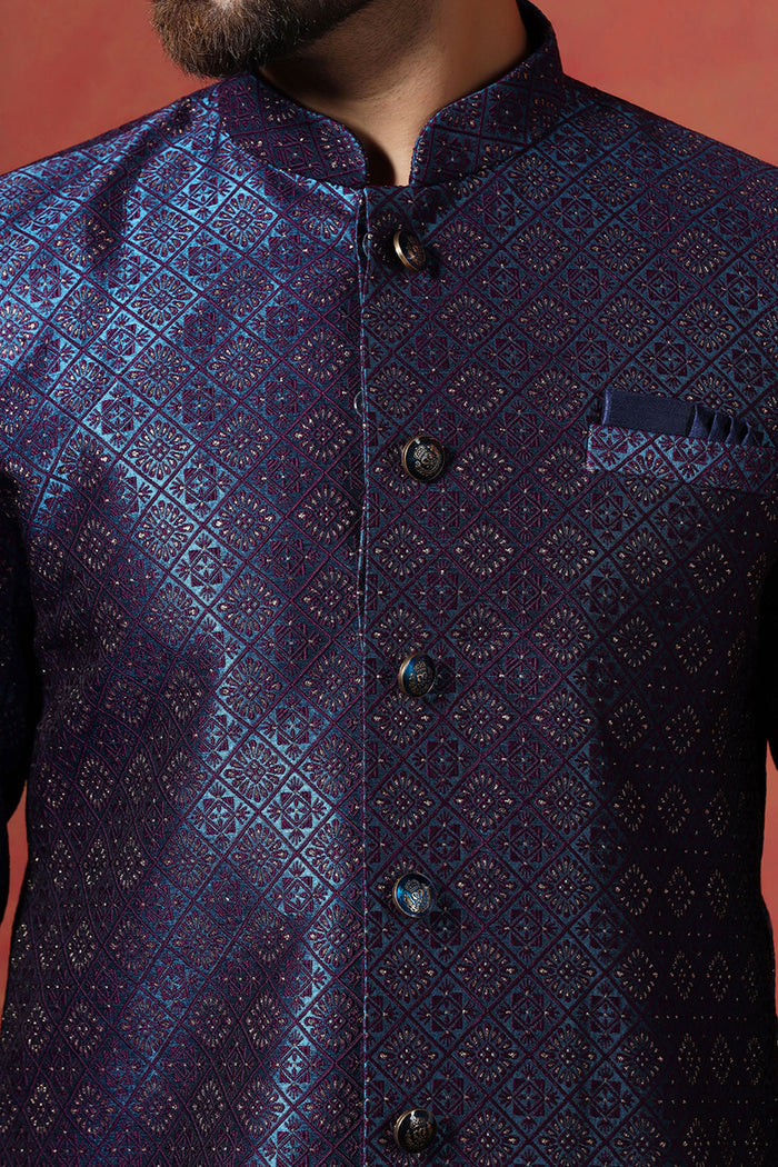 Dark Blue And White Jacquard Texture Sherwani Set
