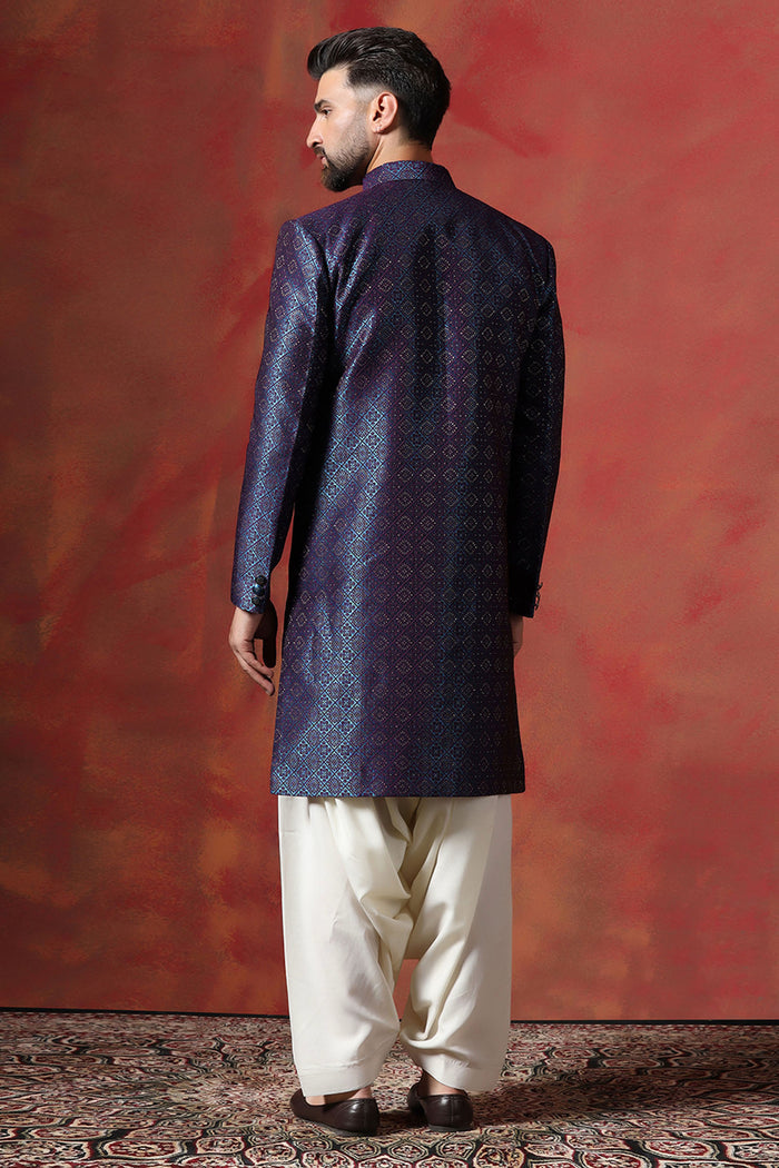 Dark Blue And White Jacquard Texture Sherwani Set