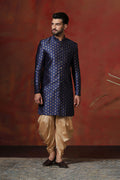 Dark Blue Cotton Blend Printed Sherwani Set