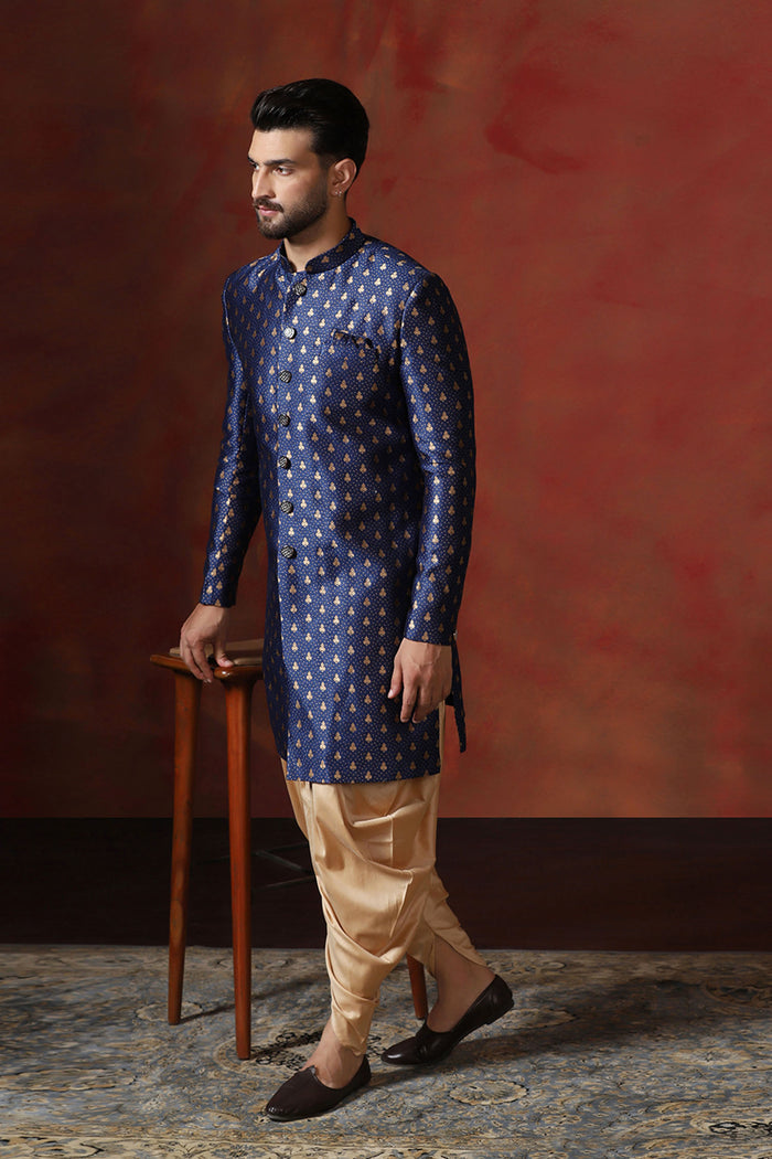 Dark Blue Cotton Blend Printed Sherwani Set