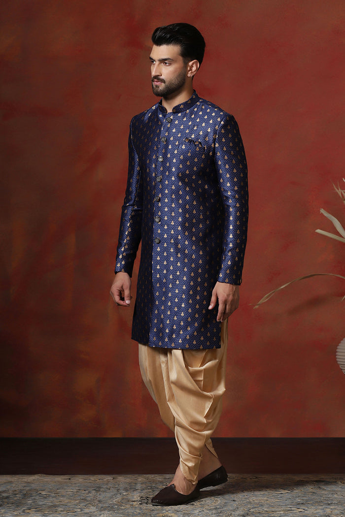 Dark Blue Cotton Blend Printed Sherwani Set