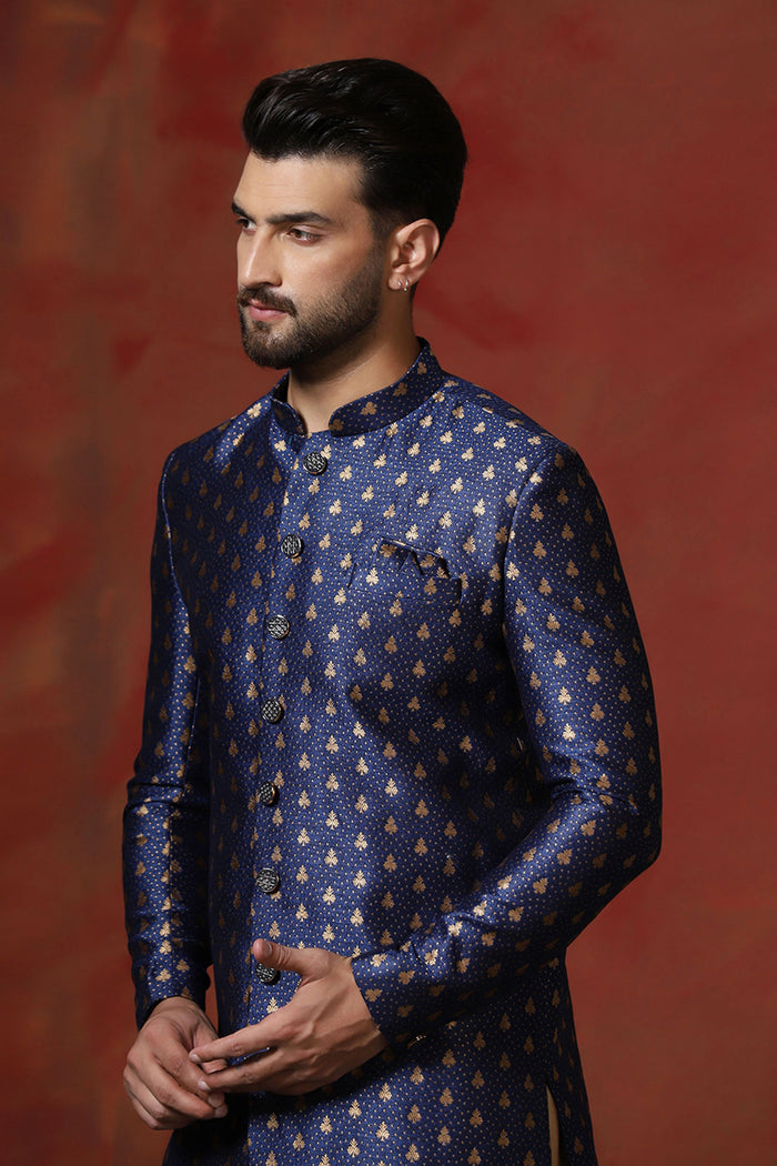 Dark Blue Cotton Blend Printed Sherwani Set