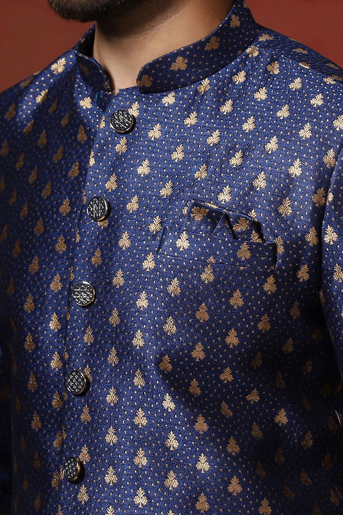 Dark Blue Cotton Blend Printed Sherwani Set