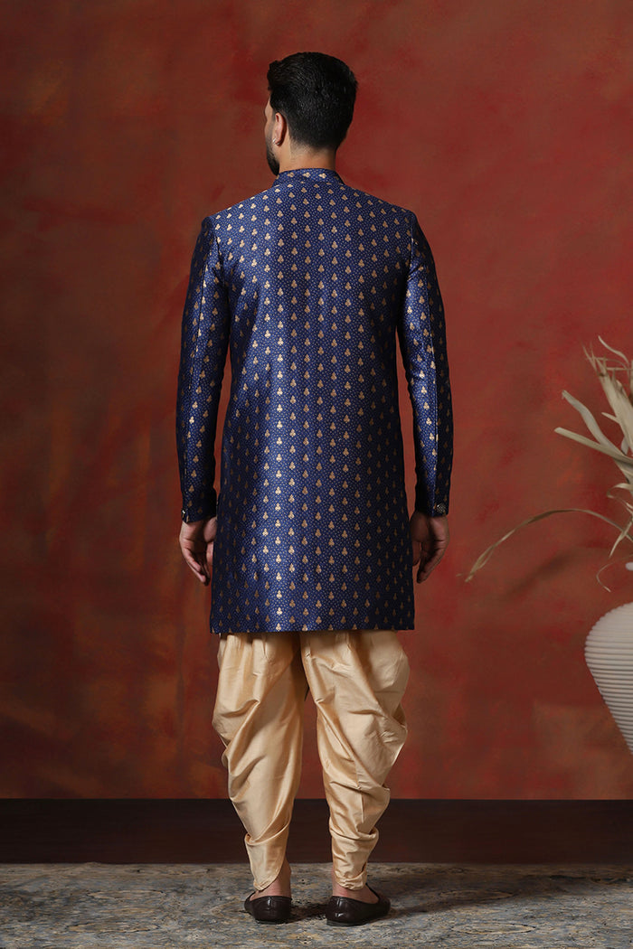 Dark Blue Cotton Blend Printed Sherwani Set