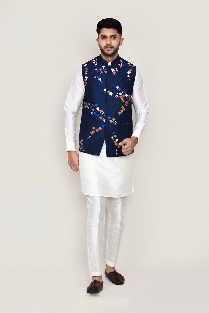 Dark Blue Cotton Jacket With Threadwork