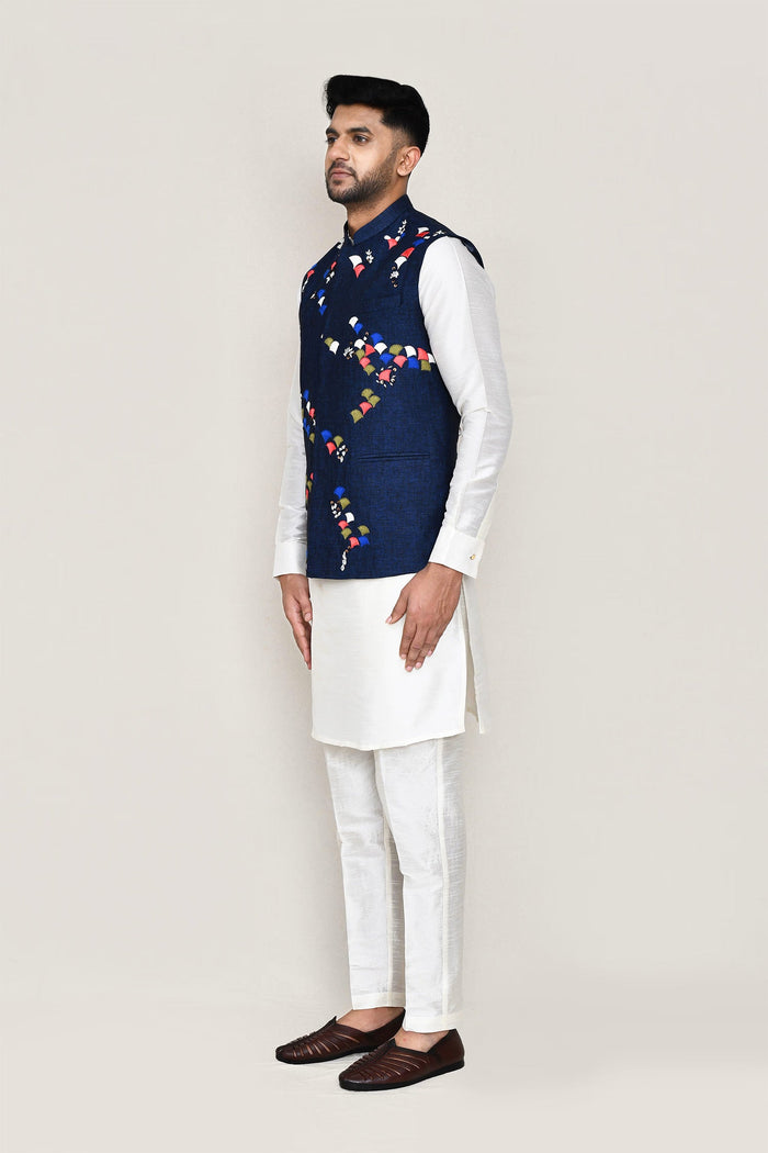 Dark Blue Cotton Jacket With Threadwork
