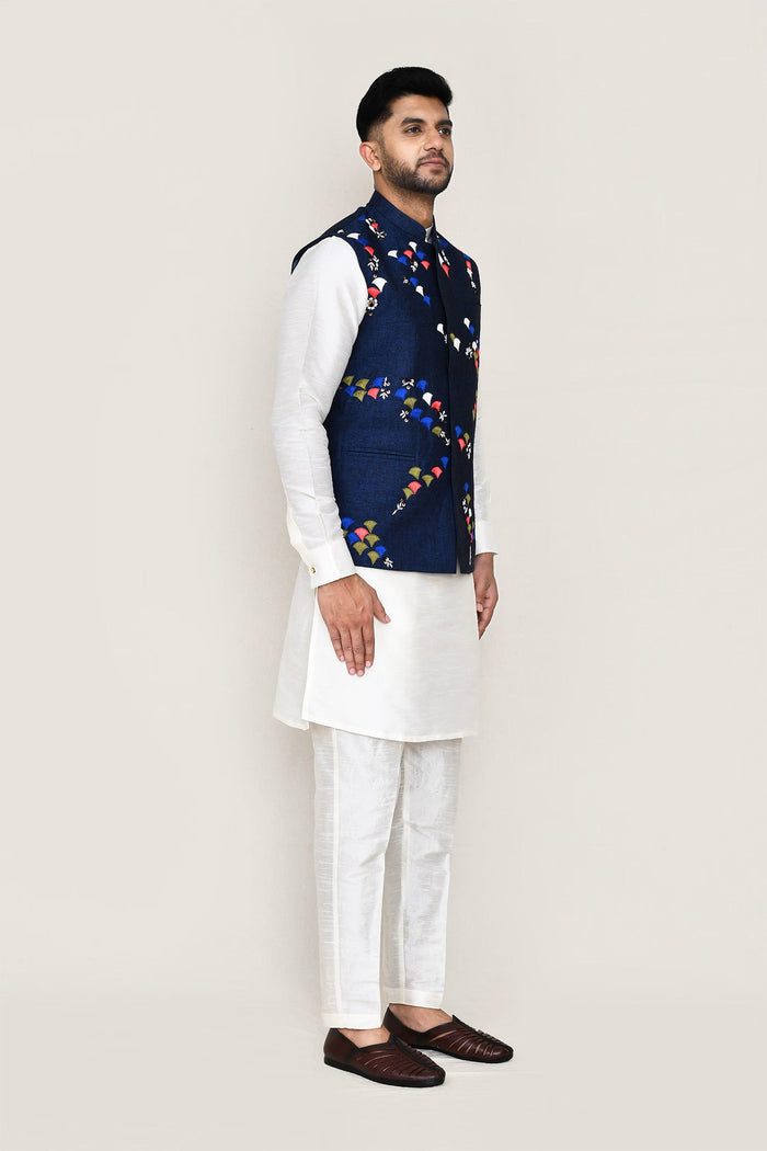 Dark Blue Cotton Jacket With Threadwork