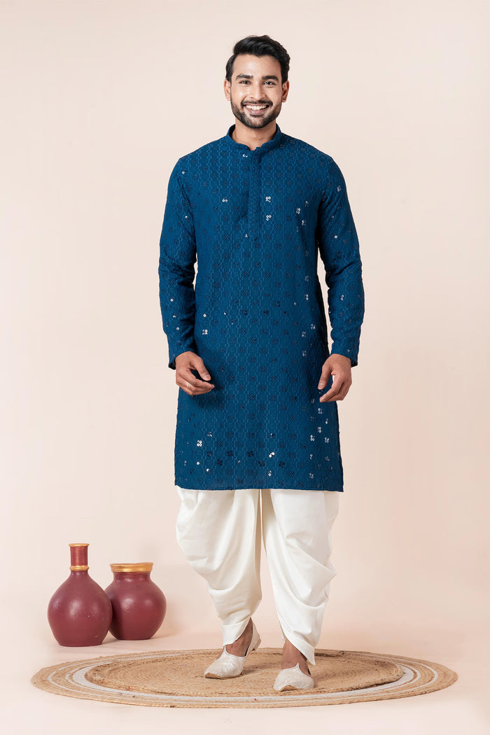 Dark Blue Cotton Silk Embroidered Dhoti Set
