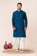 Dark Blue Cotton Silk Embroidered Dhoti Set