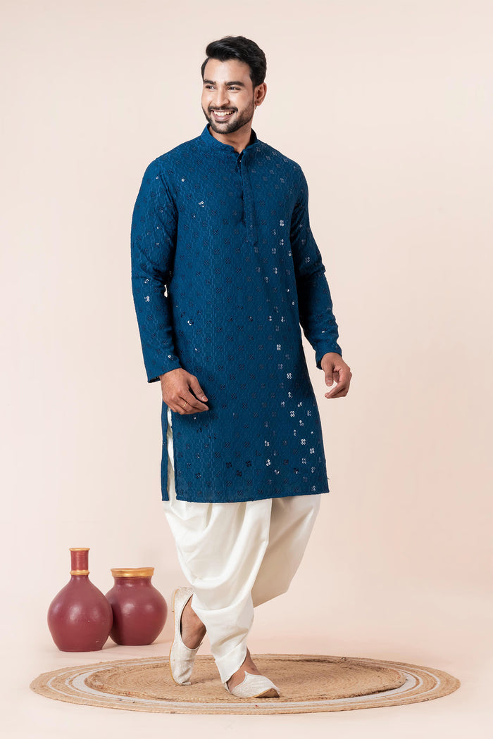 Dark Blue Cotton Silk Embroidered Dhoti Set