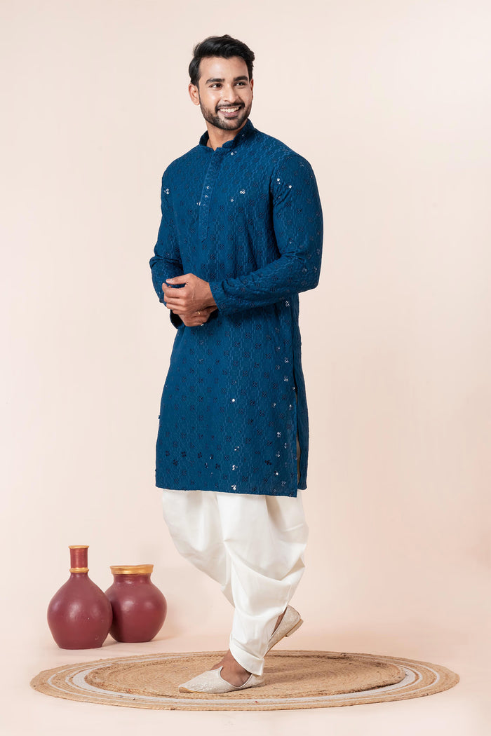 Dark Blue Cotton Silk Embroidered Dhoti Set