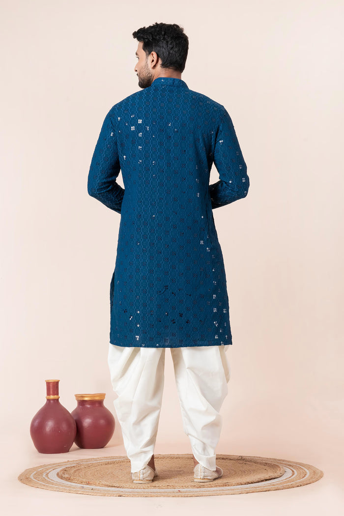 Dark Blue Cotton Silk Embroidered Dhoti Set