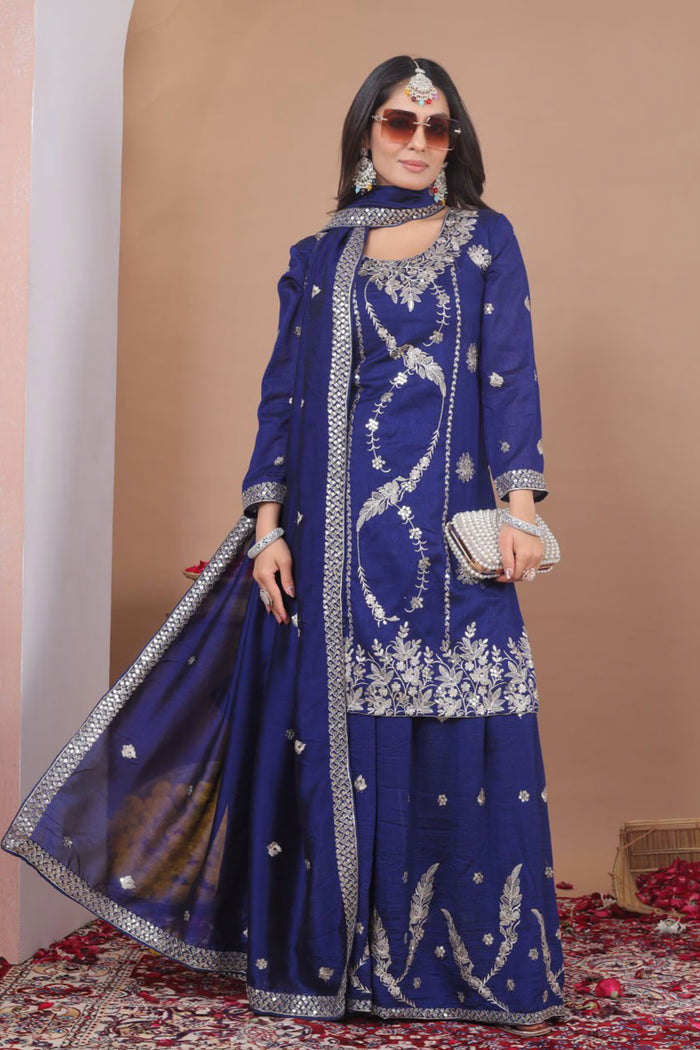 Dark Blue Floral Embroidered Georgette Sharara Set