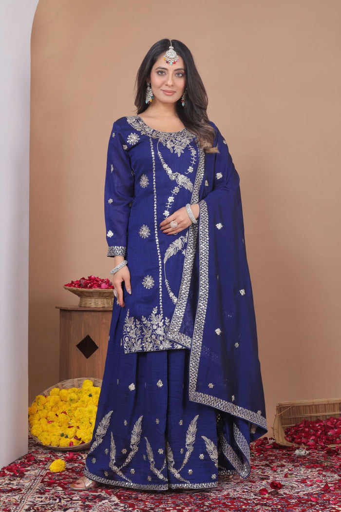 Dark Blue Floral Embroidered Georgette Sharara Set