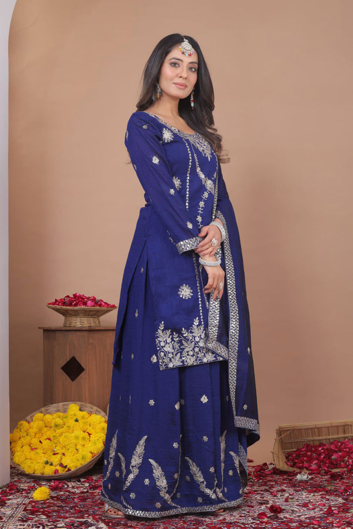 Dark Blue Floral Embroidered Georgette Sharara Set