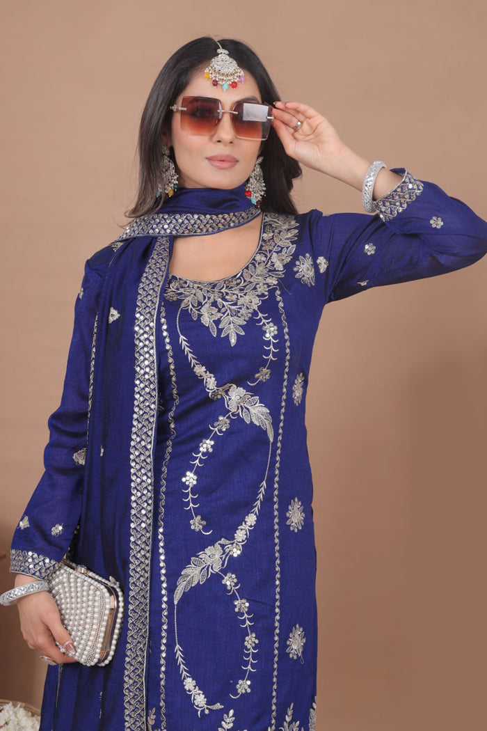 Dark Blue Floral Embroidered Georgette Sharara Set