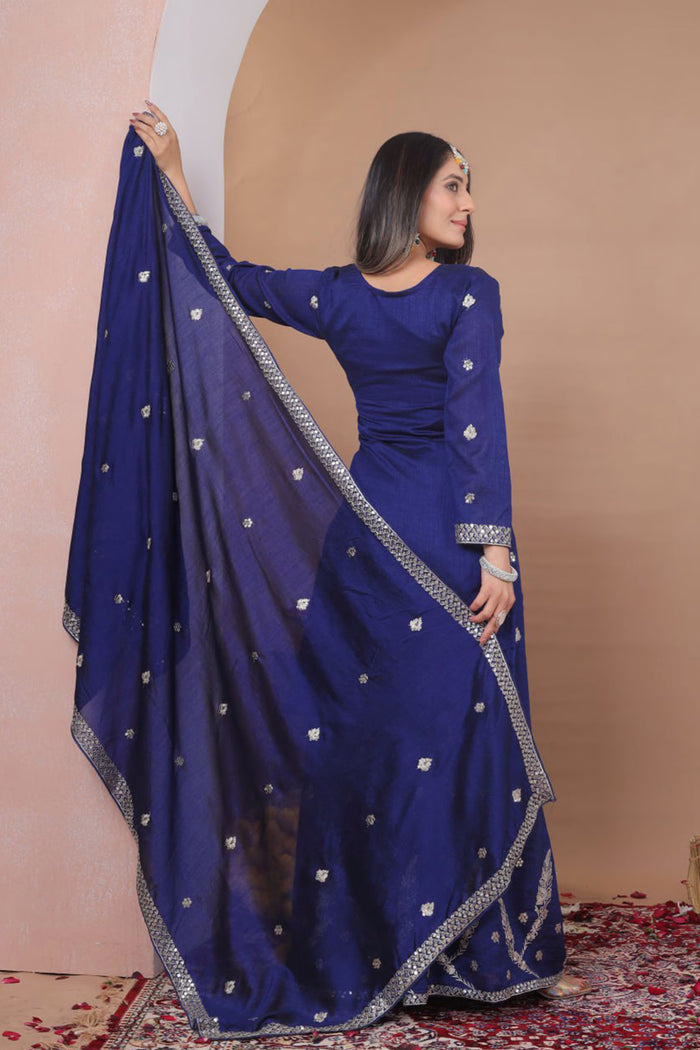 Dark Blue Floral Embroidered Georgette Sharara Set