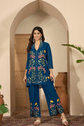 Dark Blue Floral Embroidered Polyester Co-Ord Set