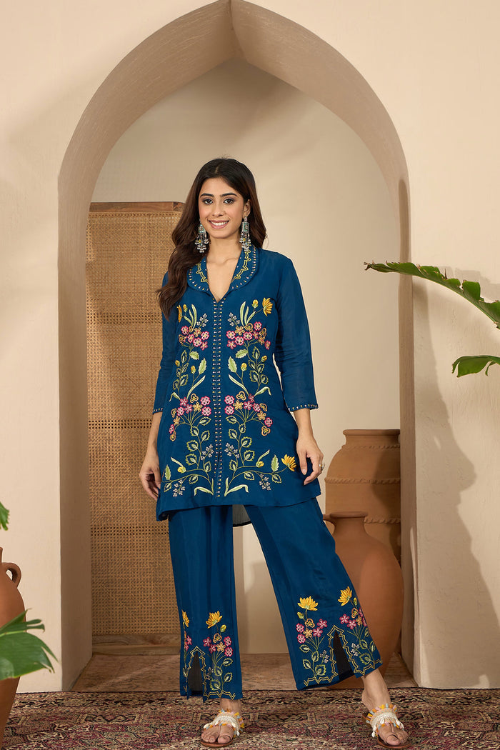 Dark Blue Floral Embroidered Polyester Co-Ord Set