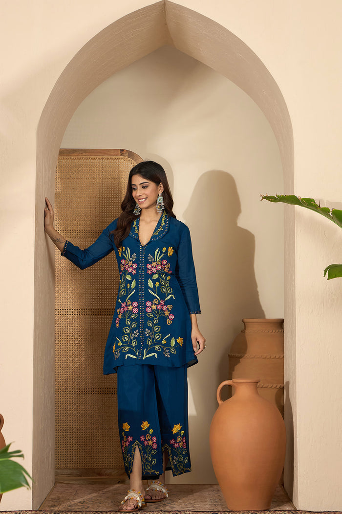 Dark Blue Floral Embroidered Polyester Co-Ord Set