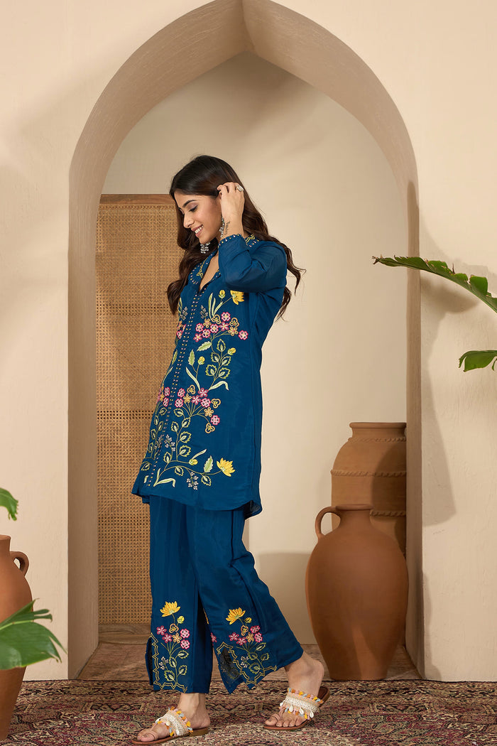 Dark Blue Floral Embroidered Polyester Co-Ord Set