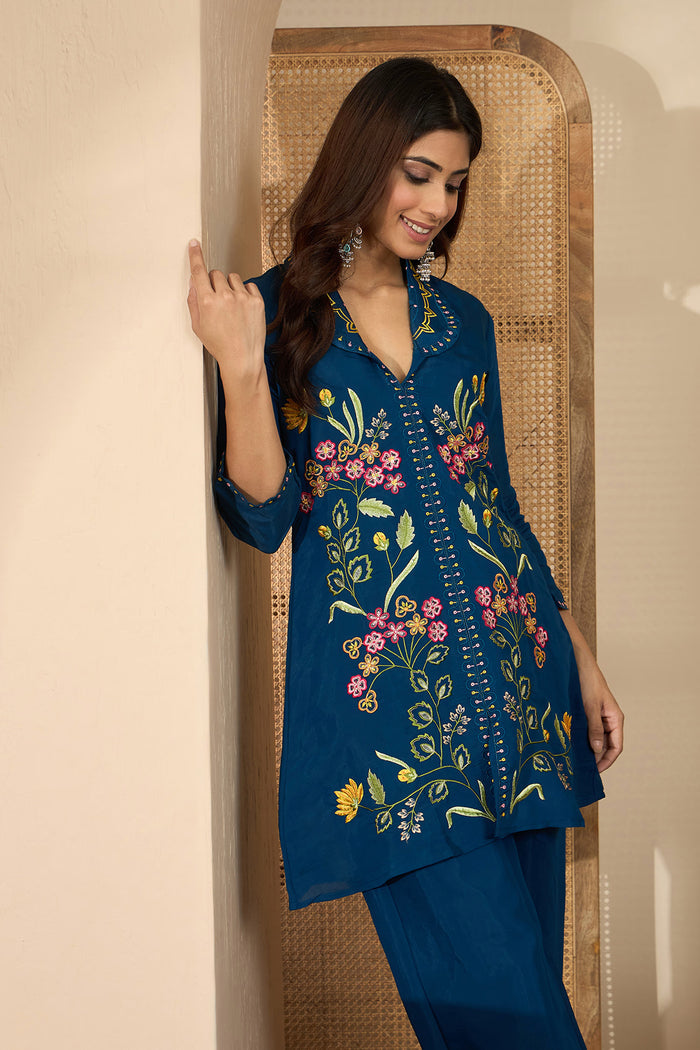 Dark Blue Floral Embroidered Polyester Co-Ord Set