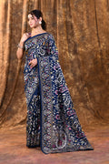 Dark Blue Floral Embroidered Silk Blend Saree