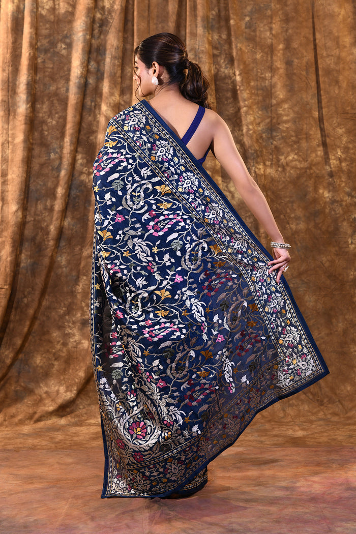 Dark Blue Floral Embroidered Silk Blend Saree