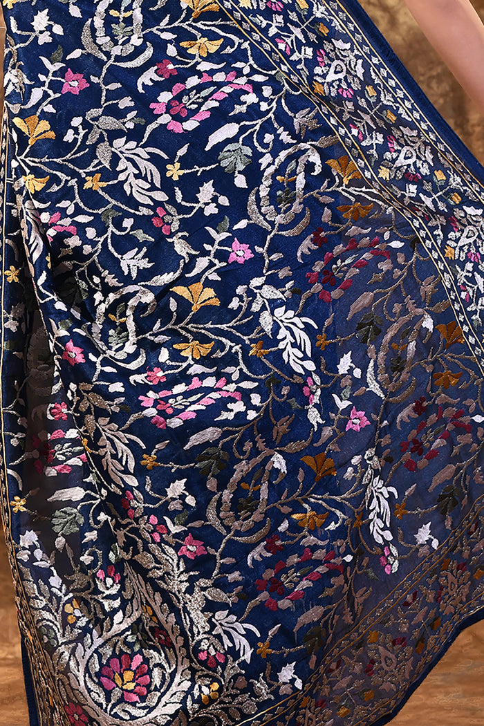 Dark Blue Floral Embroidered Silk Blend Saree