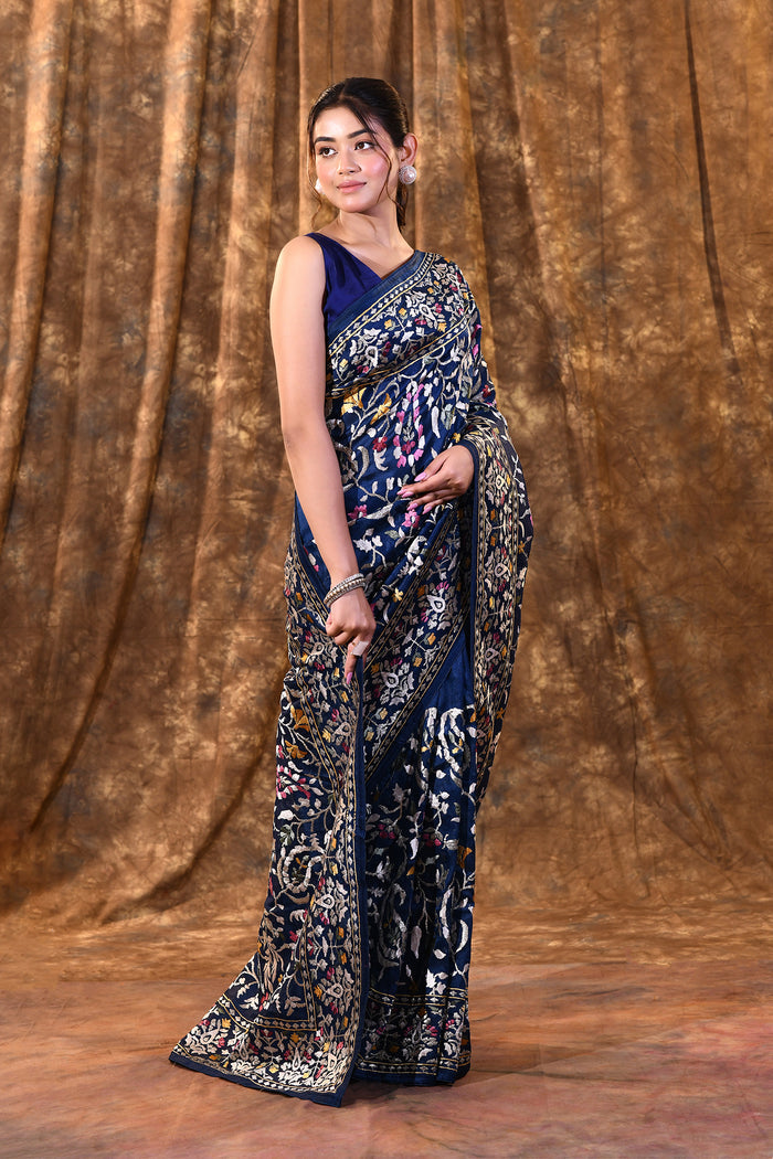 Dark Blue Floral Embroidered Silk Blend Saree