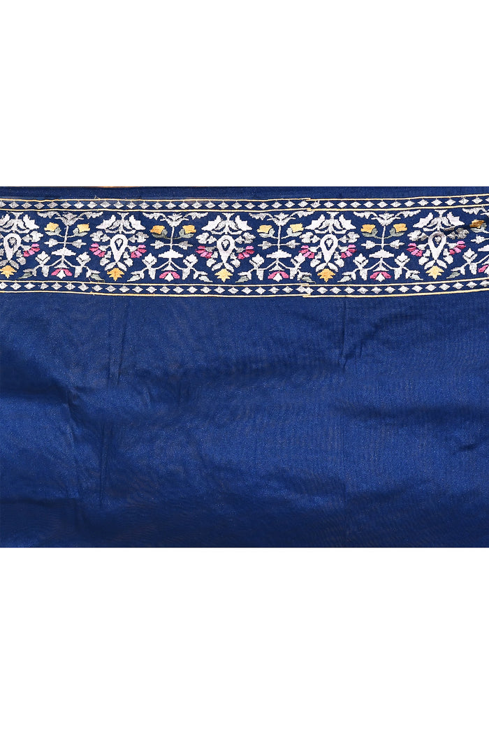 Dark Blue Floral Embroidered Silk Blend Saree