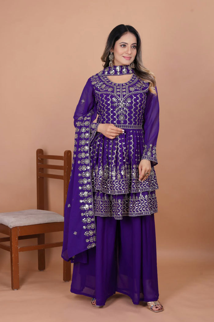 Dark Blue Georgette Embroidered Sharara Set