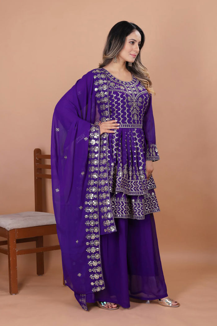 Dark Blue Georgette Embroidered Sharara Set