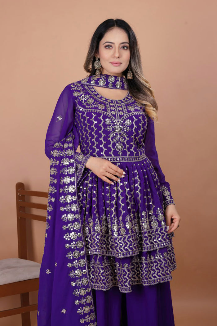 Dark Blue Georgette Embroidered Sharara Set