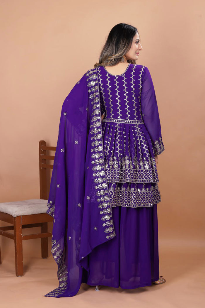 Dark Blue Georgette Embroidered Sharara Set