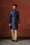 Dark Blue Printed Cotton Blend Sherwani Set