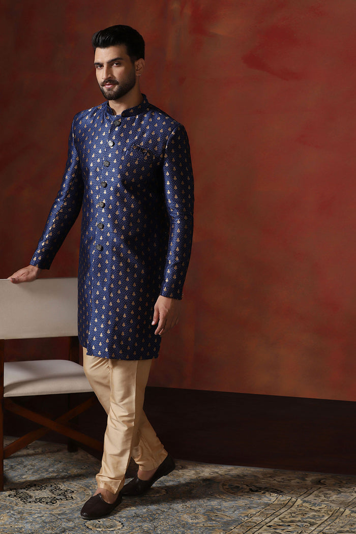Dark Blue Printed Cotton Blend Sherwani Set