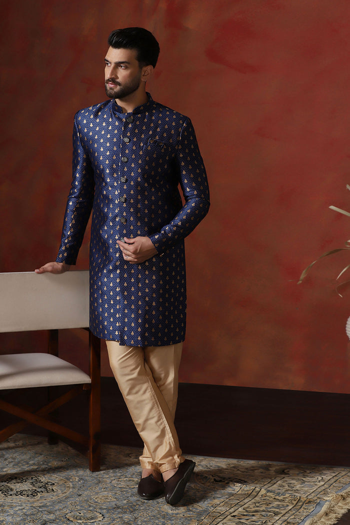 Dark Blue Printed Cotton Blend Sherwani Set