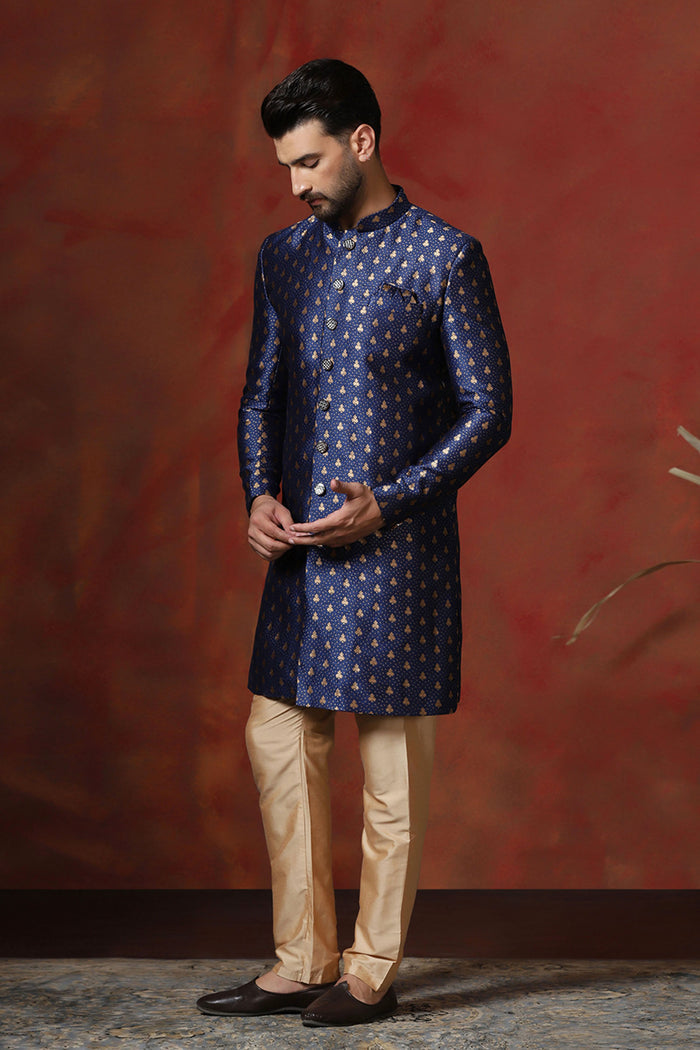 Dark Blue Printed Cotton Blend Sherwani Set